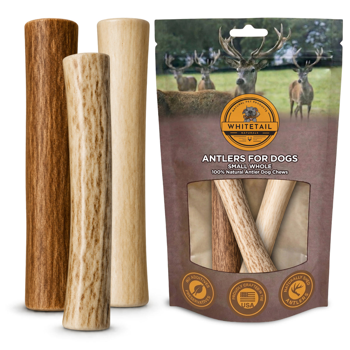 Small Whole Deer Antler Dog Chews – 3, 6 or 12 Pack